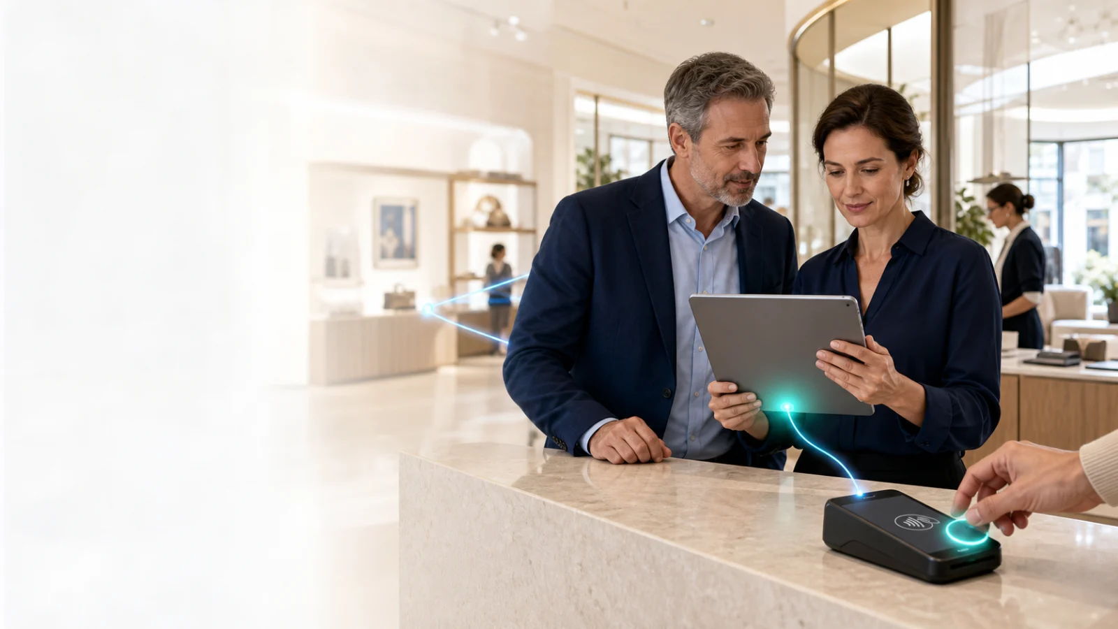 Merchant and processor team reviewing a payment on a tablet