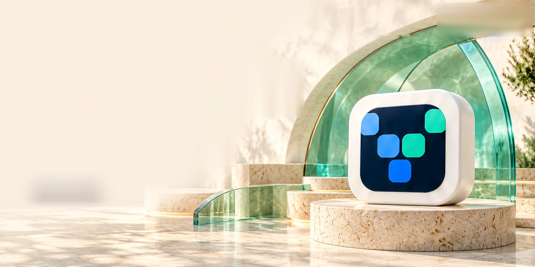 Vero Soft icon on a stone pedestal under a green glass arch