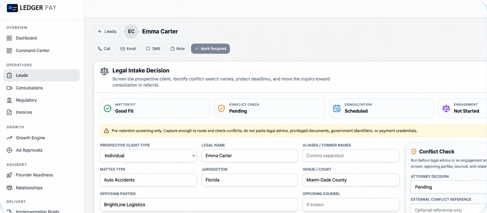Vero Soft merchant workspace showing a lead intake screen